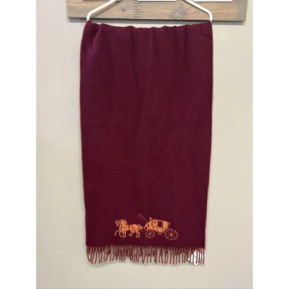 Coach Horse & Carriage Jacquard 100% Wool Scarf/ Wrap Cherry Ginger Made Italy